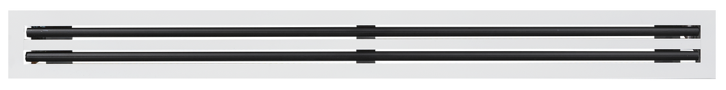 Front view of a white 36 inch 2-slot linear diffuser with 25mm openings for high airflow in commercial HVAC systems