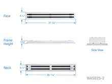 Load image into Gallery viewer, Full dimensions of a white 36 inch 2-slot linear diffuser with 25mm openings for high airflow in commercial HVAC systems
