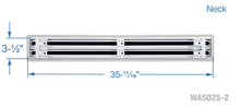 Load image into Gallery viewer, Neck dimensions of a white 36 inch 2-slot linear diffuser with 25mm openings for high airflow in commercial HVAC systems
