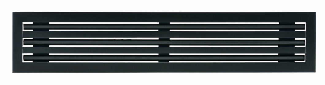 Front view of a black 36 inch 3-slot linear diffuser with 25mm openings for high airflow in commercial HVAC systems
