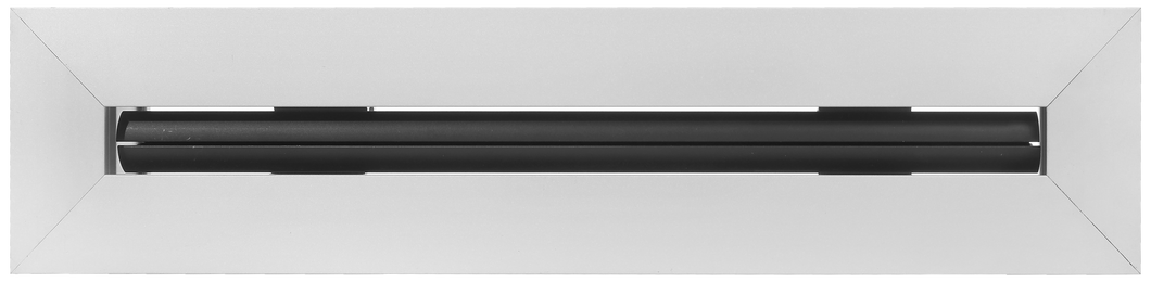 Front view of an anodized 48-inch 1-slot linear diffuser with 25mm openings for high airflow in commercial HVAC systems