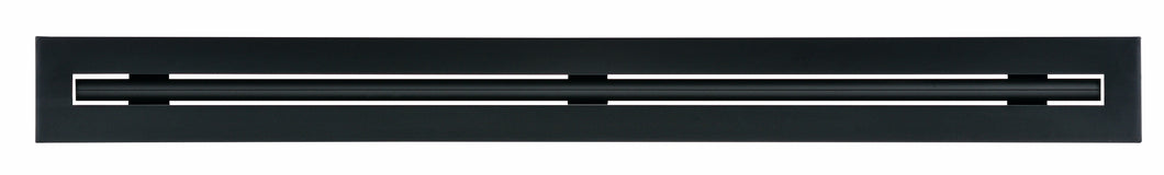 Front view of a black 72 inch 1-slot linear diffuser with 25mm openings for high airflow in commercial HVAC systems