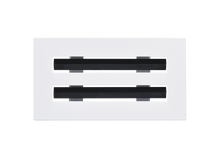Load image into Gallery viewer, Front view of a white 8x4 inch 2-slot linear diffuser with 25mm openings for high airflow in commercial HVAC systems
