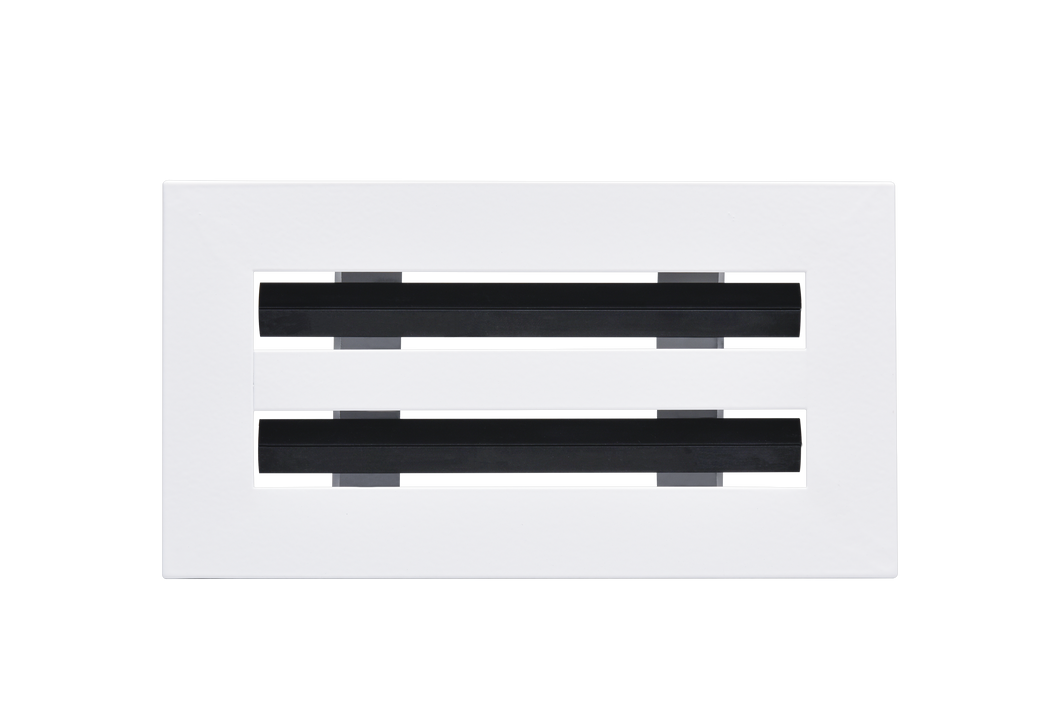 Front view of a white 8x4 inch 2-slot linear diffuser with 25mm openings for high airflow in commercial HVAC systems