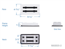 Load image into Gallery viewer, Full dimensions of a white 8x4 inch 2-slot linear diffuser with 25mm openings for high airflow in commercial HVAC systems
