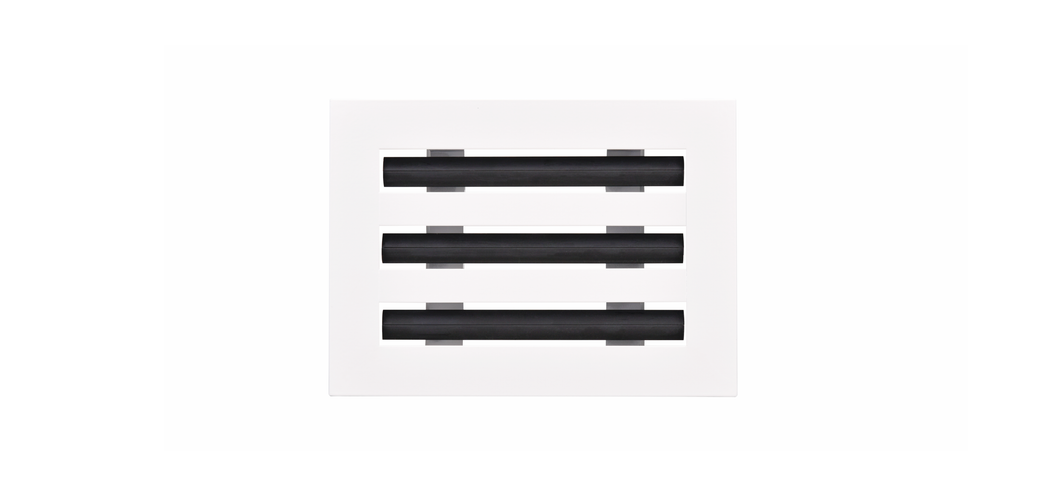 Front view of a white 8x6 inch 3-slot linear diffuser with 25mm openings for high airflow in commercial HVAC systems