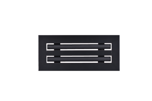 Front view of a black 10x4 inch 2-slot modern vent cover linear diffuser with 25mm openings for high airflow in commercial HVAC systems