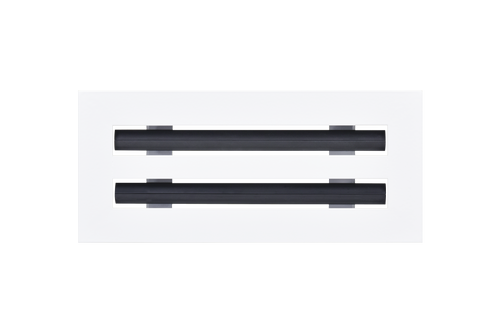 Front view of a white 10x4 inch 2-slot modern vent cover linear diffuser with 25mm openings for high airflow in commercial HVAC systems