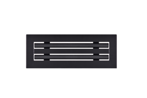 Front view of a black 12x4 inch 2-slot modern AC vent cover linear diffuser with 25mm openings for high airflow in commercial HVAC systems