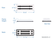 Load image into Gallery viewer, Full dimensions of a white 12x4 inch 2-slot modern AC vent cover linear diffuser with 25mm openings for high airflow in commercial HVAC systems
