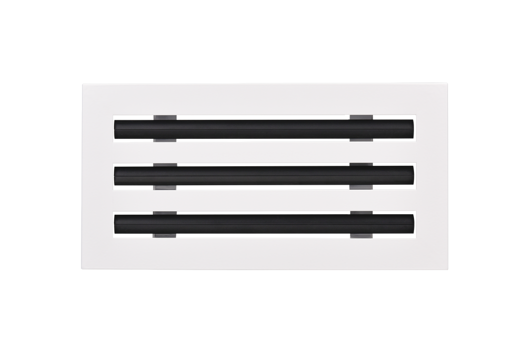 Front view of a white 12x6 inch 3-slot modern AC vent cover linear diffuser with 25mm openings for high airflow in commercial HVAC systems