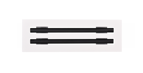 Front view of a white 14x4 inch 2-slot modern vent cover linear diffuser with 25mm openings for high airflow in commercial HVAC systems
