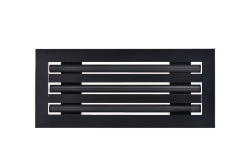 Front view of a black 14x6 inch 3-slot modern AC vent cover linear diffuser with 25mm openings for high airflow in commercial HVAC systems