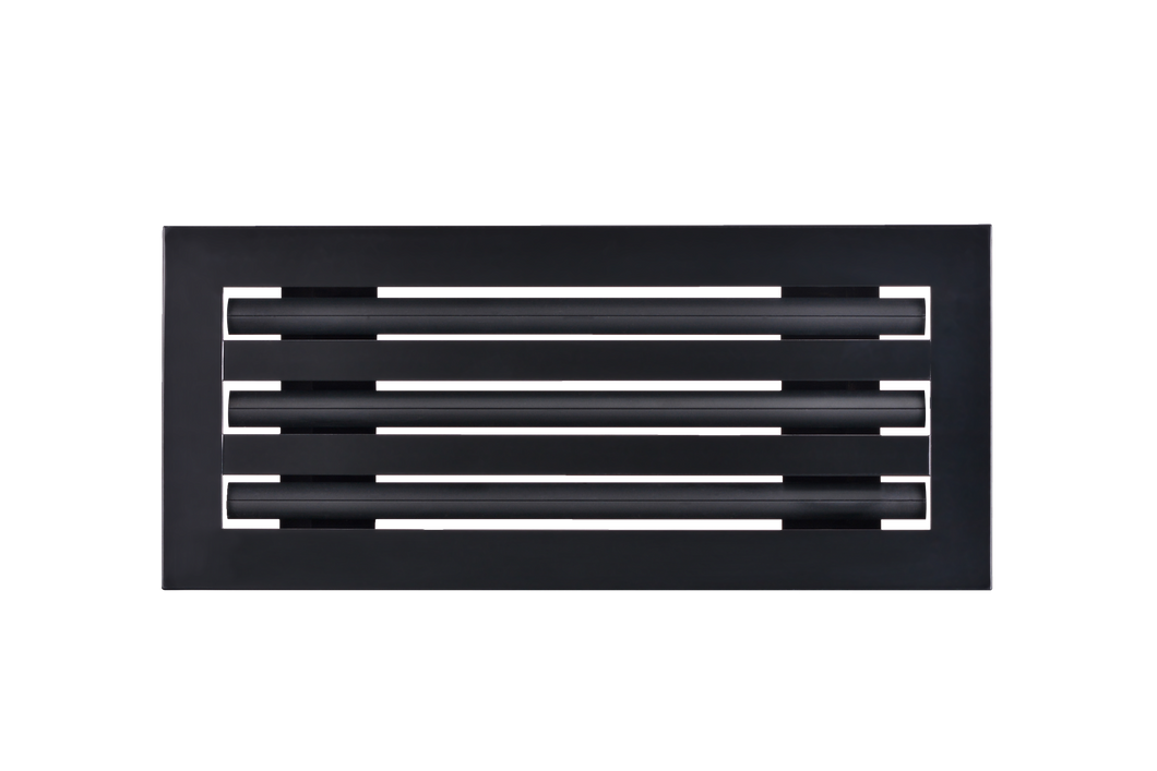Front view of a black 14x6 inch 3-slot modern AC vent cover linear diffuser with 25mm openings for high airflow in commercial HVAC systems