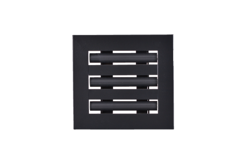 Front view of a black 6x6-inch 3-slot modern vent cover linear diffuser with 25mm openings for high airflow in commercial HVAC systems