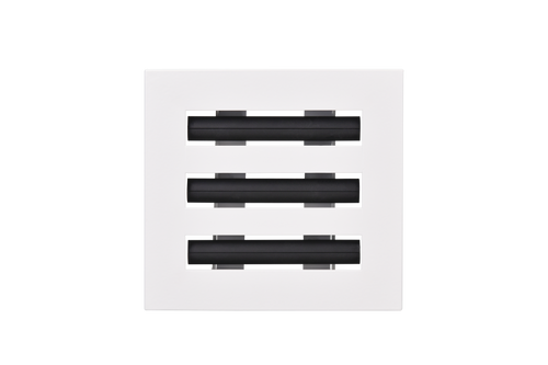 Front view of a white 6x6-inch 3-slot modern vent cover linear diffuser with 25mm openings for high airflow in commercial HVAC systems