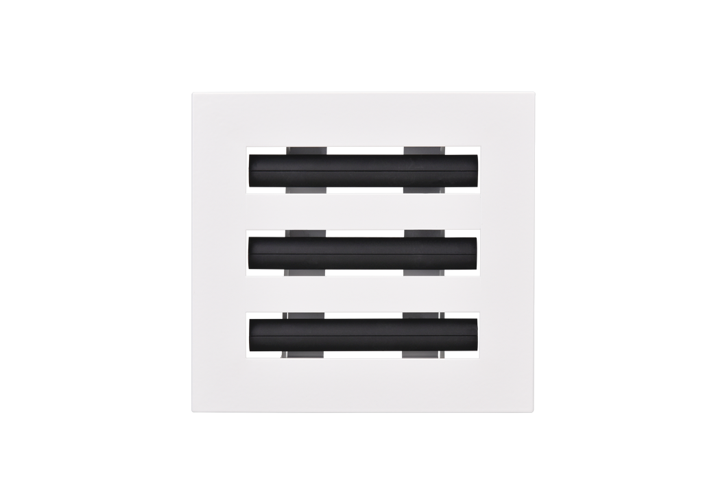 Front view of a white 6x6-inch 3-slot modern vent cover linear diffuser with 25mm openings for high airflow in commercial HVAC systems