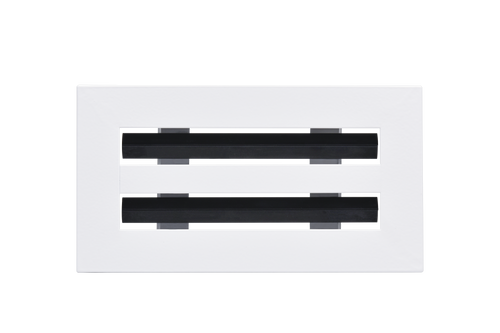 Front view of a white 8x4 inch 2-slot modern vent cover linear diffuser with 25mm openings for high airflow in commercial HVAC systems