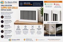 Load image into Gallery viewer, Flo-Matrix single deflection vertical supply air grille infographic for HVAC companies and contractors, featuring individually adjustable blades for side-to-side airflow control, high free area, durable aluminum construction, seamless corners with no visible joints, and sidewall, ceiling, and duct installation options.
