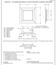 Load image into Gallery viewer, 12x12&quot; Aluminum Single Cone Ceiling Square Diffuser - (with removable core) submittal drawing
